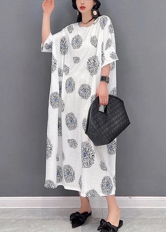 Plus Size White O-Neck Print Long Dress Half Sleeve - Image 2