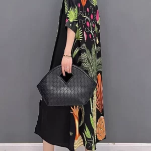 French O-Neck Print Patchwork Tie Waist Chiffon Dresses Half Sleeve