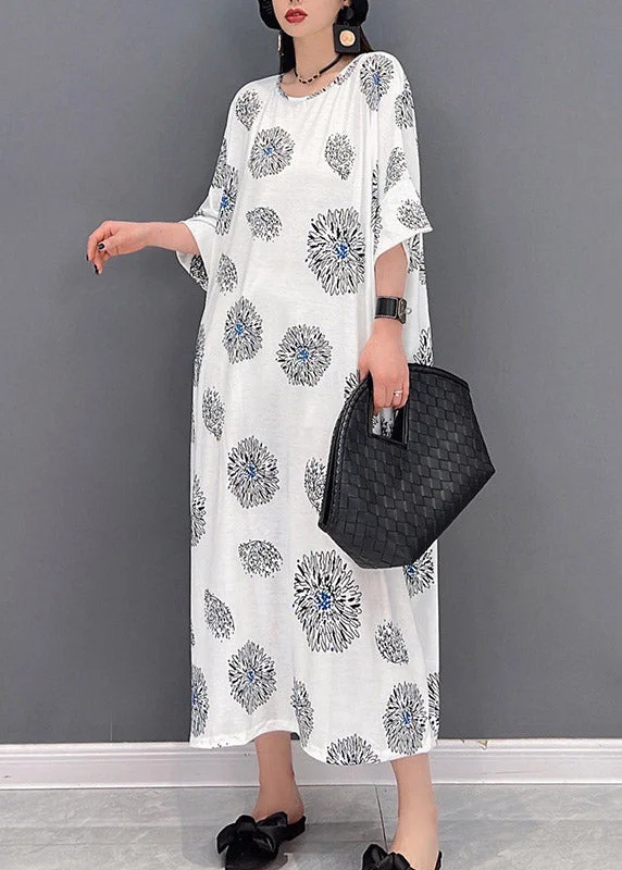 Plus Size White O-Neck Print Long Dress Half Sleeve - Image 4