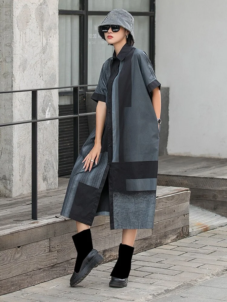Street Loose Lapel Contrast Color Printed Single-breasted Half Sleeve Dress - Image 4
