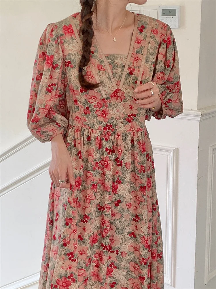 Chic V-Neck Floral High Waist Puff Half Sleeve Dress - Image 7