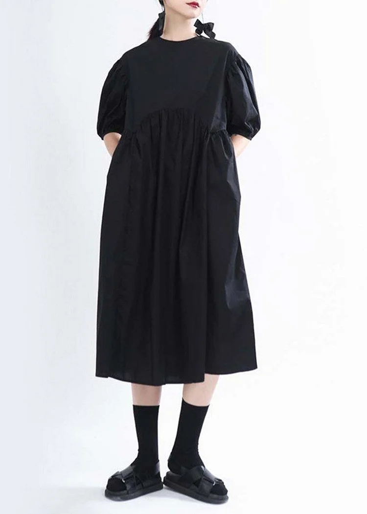 Handmade Black O-Neck Long Summer Cotton Dress - Image 4