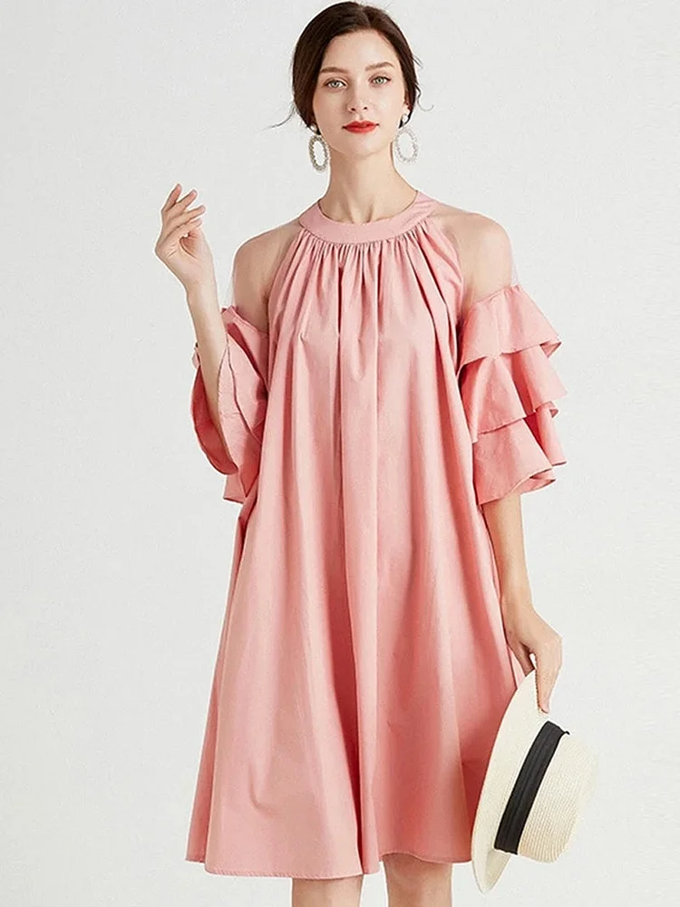 Elegant Pink Hanging Neck Folds Perspective Shoulder Ruffles Half Sleeve Dress - Image 6