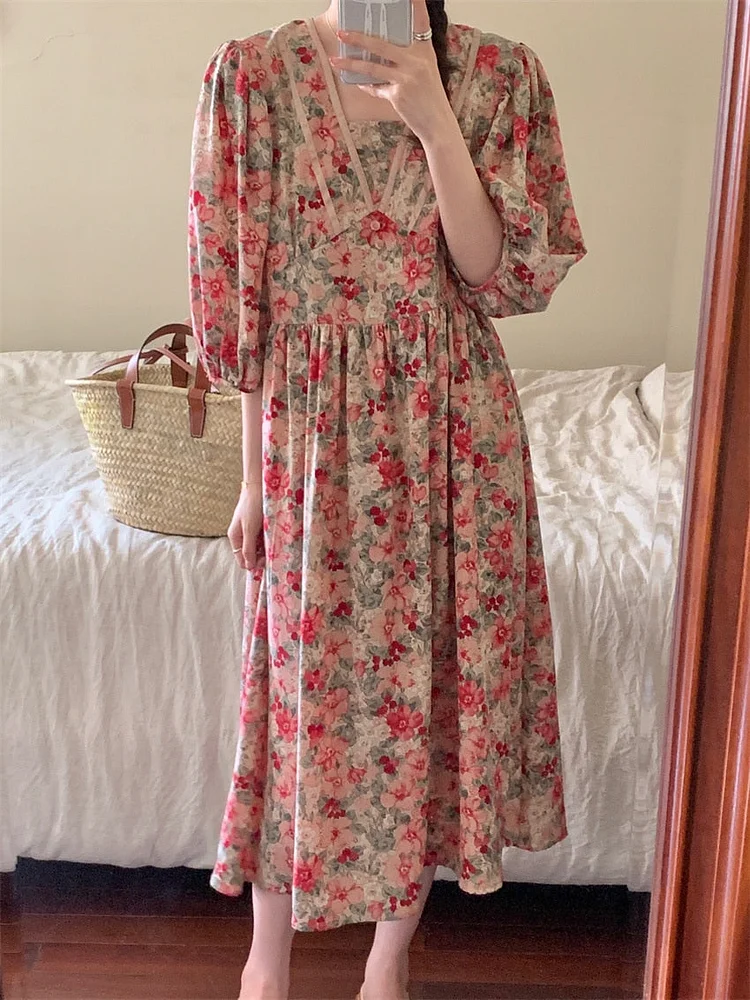 Chic V-Neck Floral High Waist Puff Half Sleeve Dress - Image 5