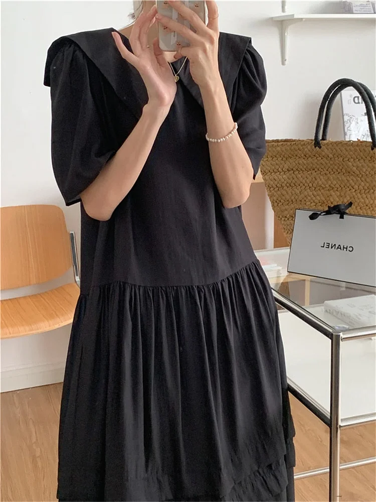 Casual Pink Sailor Collar High Waist Ruffled Hem Lantern Sleeve Dress - Image 8