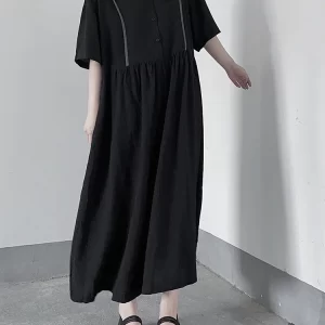 Simple Loose Solid Color O-neck Splicing Line Decor Half Sleeve Ankle-length Dress