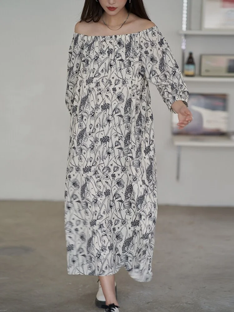 Elegant Elastic Square Collar Floral Printed Half Sleeve Lace-up Dress - Image 3