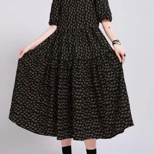 Women Black Print O-Neck Circle Summer Party Dresses Half Sleeve