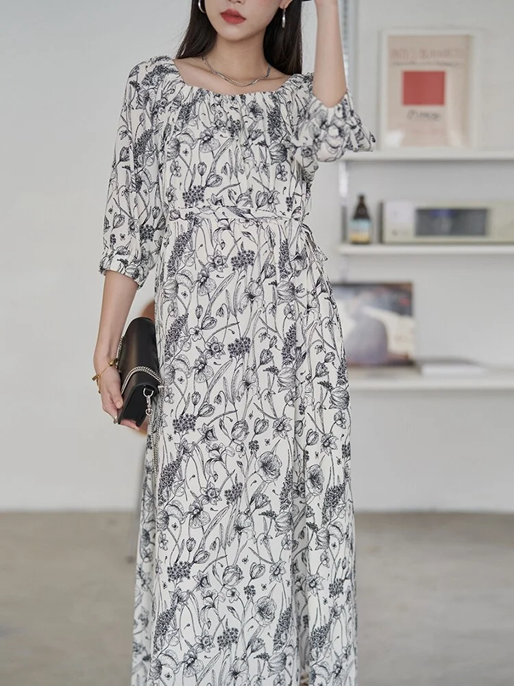 Elegant Elastic Square Collar Floral Printed Half Sleeve Lace-up Dress - Image 6