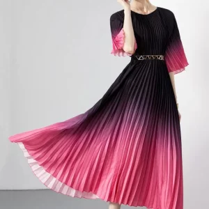 Pink Patchwork Loose Chiffon Long Dress Wrinkled O Neck Summer