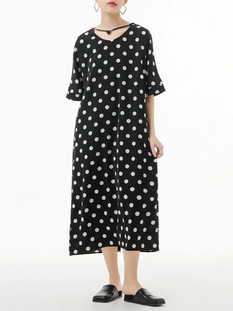 French V-neck Polka Dots Lace-up Back Split Hem Half Sleeve Dress - Image 5