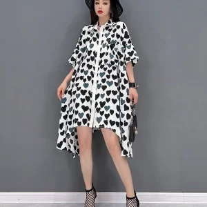 Chic Lapel Contrast Color Heart Shaped Printed Batwing Sleeve Asymmetrical Shirt Dress