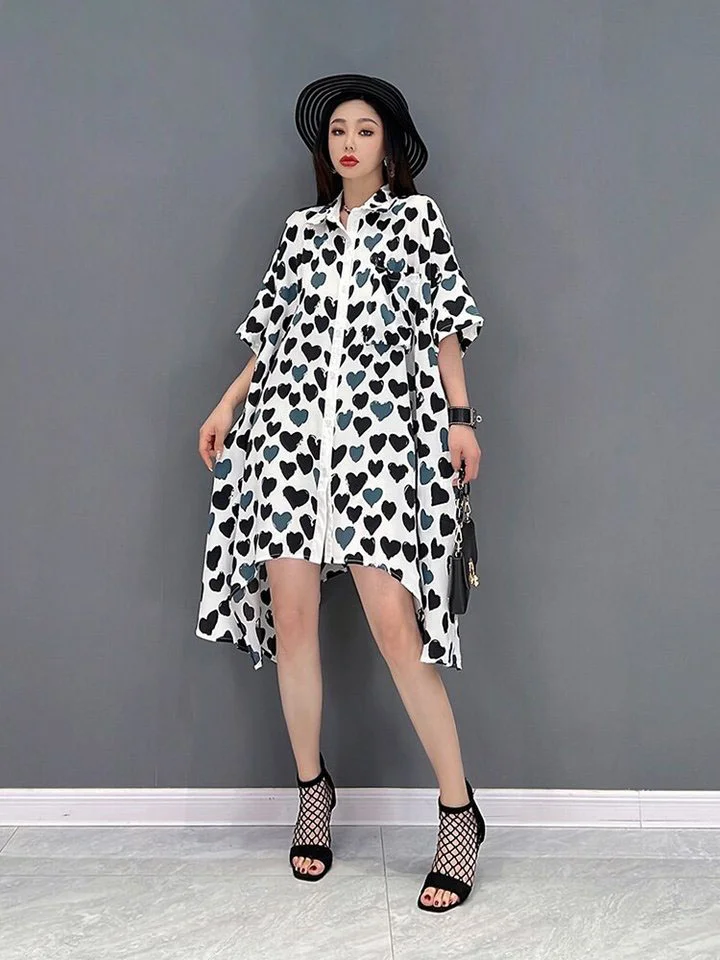 Chic Lapel Contrast Color Heart Shaped Printed Batwing Sleeve Asymmetrical Shirt Dress