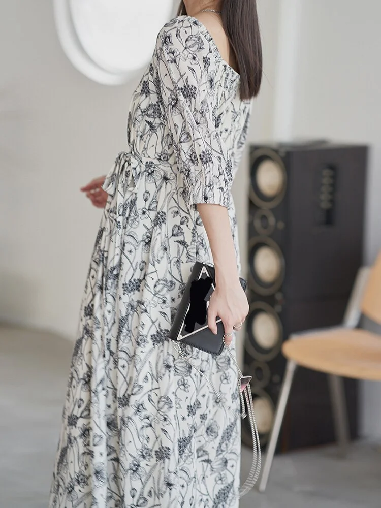Elegant Elastic Square Collar Floral Printed Half Sleeve Lace-up Dress - Image 7