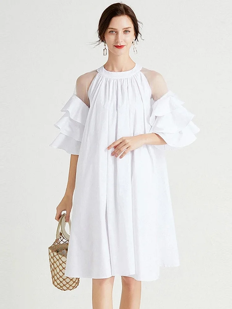 Elegant Pink Hanging Neck Folds Perspective Shoulder Ruffles Half Sleeve Dress - Image 4