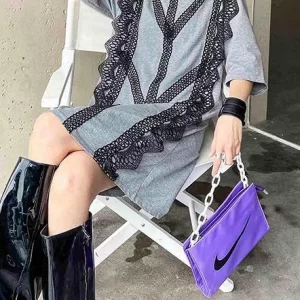 Organic Grey Cotton Patchwork Lace Summer Ankle Dress