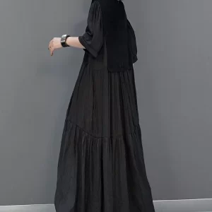 Unique Black V Neck Patchwork long Dresses Half Sleeve