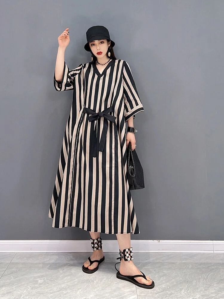 Fashion Loose V-neck Striped Lace-up Hlaf Sleeve Dress - Image 7