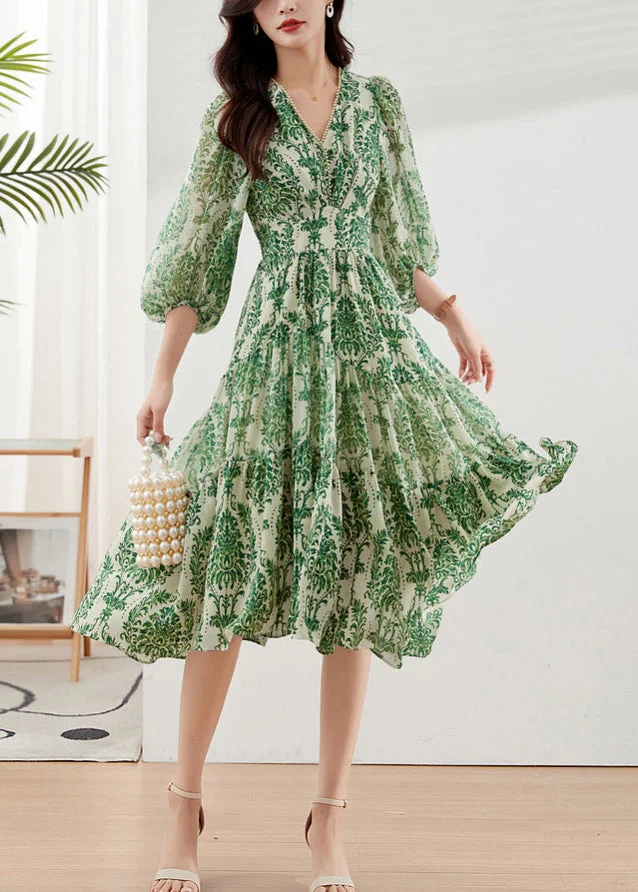 Handmade Green V Neck Print Chiffon Vacation Dresses Bracelet Sleeve - Image 5