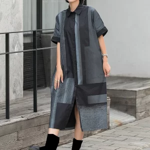 Street Loose Lapel Contrast Color Printed Single-breasted Half Sleeve Dress