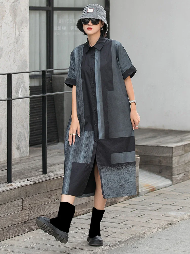 Street Loose Lapel Contrast Color Printed Single-breasted Half Sleeve Dress