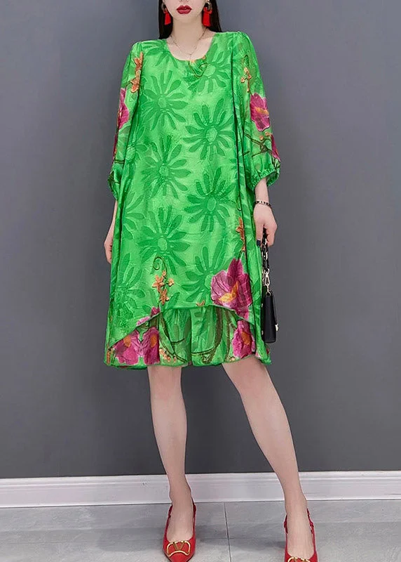 Fashion Green O Neck Print Chiffon tops and shorts two pieces Three Quarter sleeve - Image 5