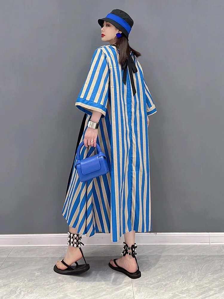 Fashion Loose V-neck Striped Lace-up Hlaf Sleeve Dress - Image 3