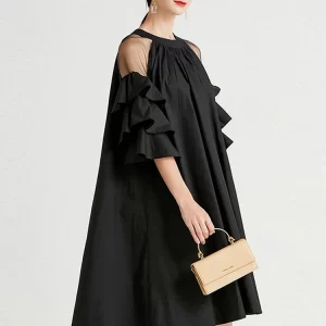 Elegant Pink Hanging Neck Folds Perspective Shoulder Ruffles Half Sleeve Dress