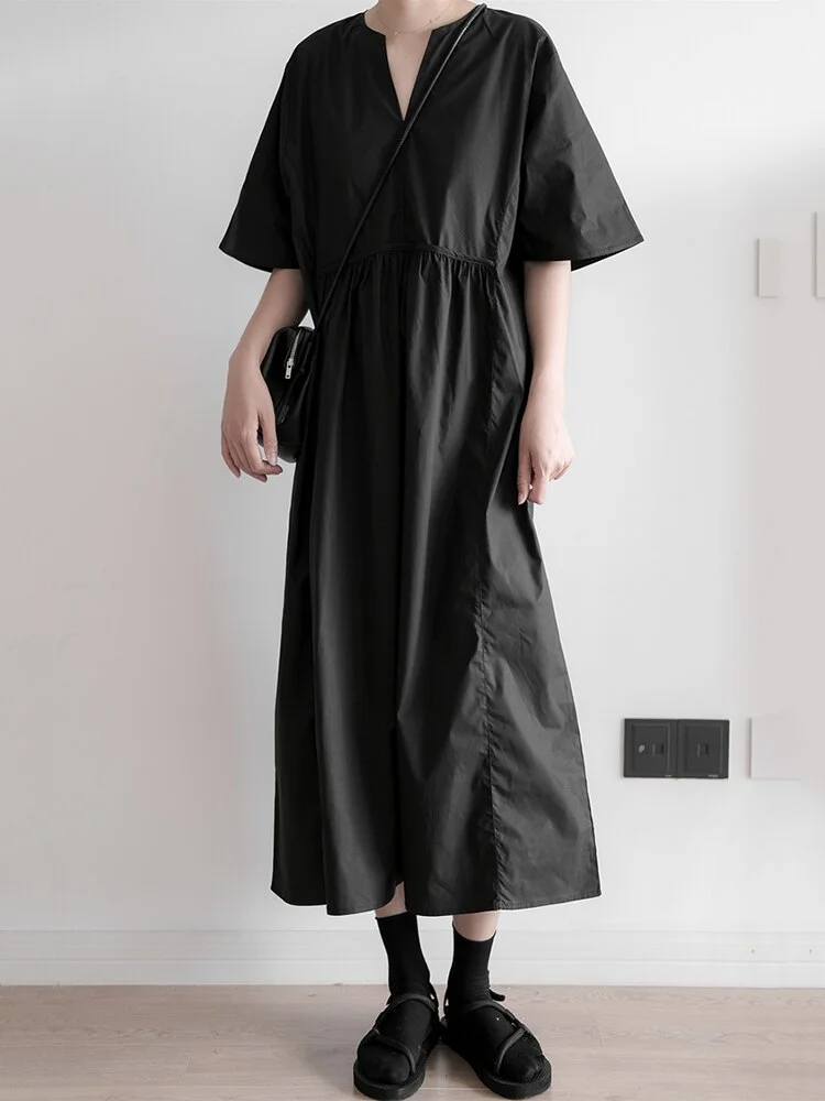 Simple Loose Black Y-neck Splicing Folds Waist Half Sleeve Big Hem Dress - Image 5