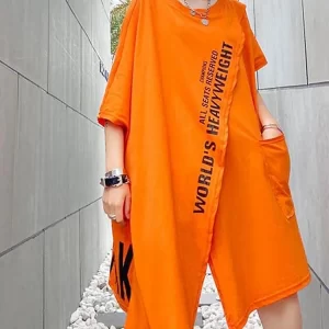 Art Orange Graphic asymmetrical design Pockets Dresses Summer