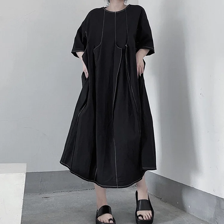 Casual Loose Solid Color O-neck Three-dimensional Patchwork Half Sleeve Mid-calf Dress - Image 2