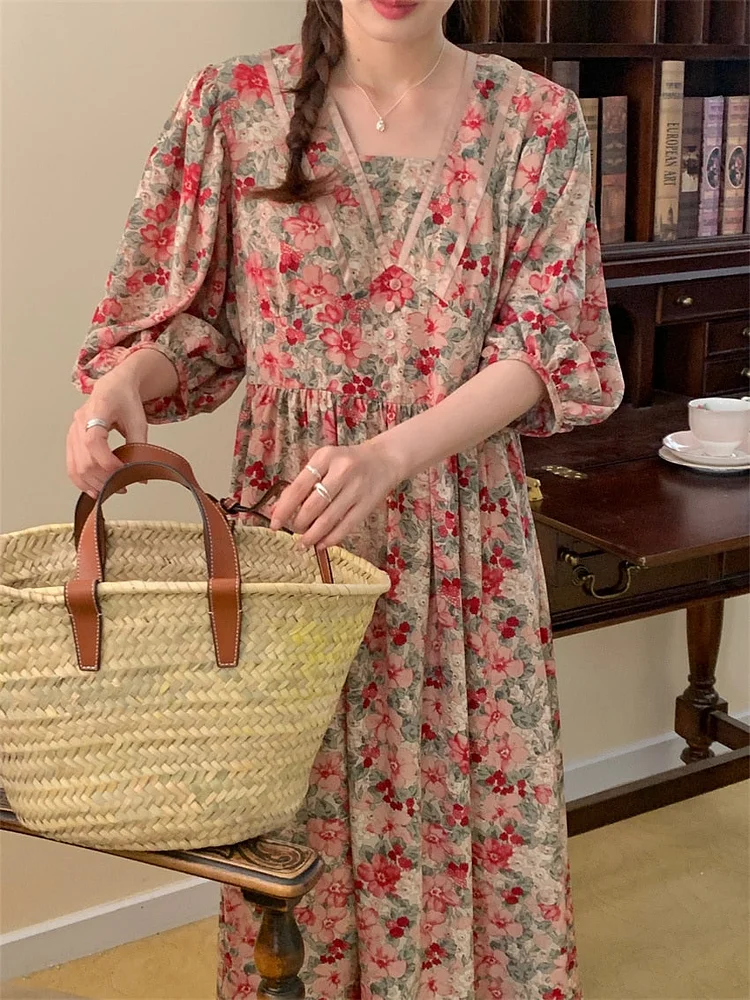 Chic V-Neck Floral High Waist Puff Half Sleeve Dress - Image 3