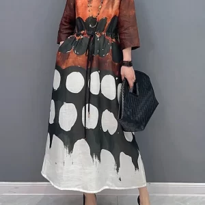 Vintage O-Neck Cinched Print Long Dress Bracelet Sleeve