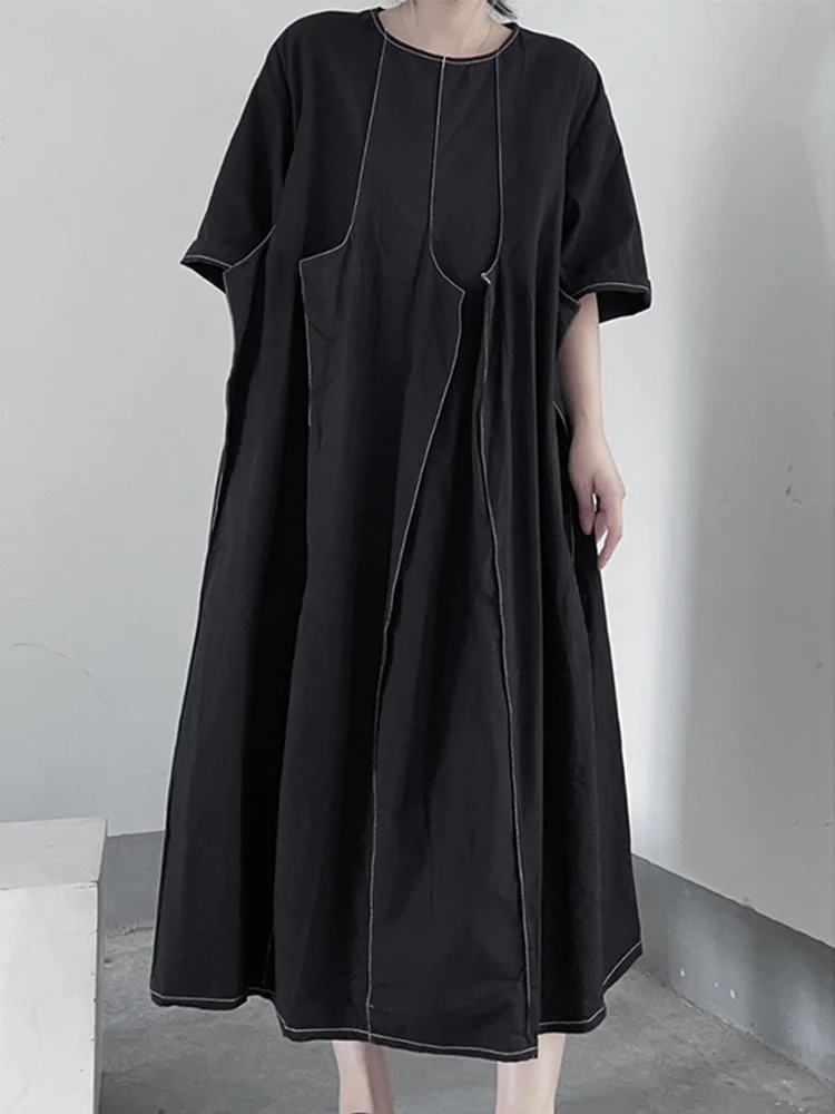 Casual Loose Solid Color O-neck Three-dimensional Patchwork Half Sleeve Mid-calf Dress - Image 7