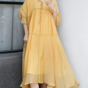 Temperament Loose Solid Color V-neck Tie Folds Half Flare Sleeve Dress