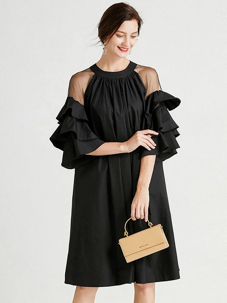 Elegant Pink Hanging Neck Folds Perspective Shoulder Ruffles Half Sleeve Dress - Image 5