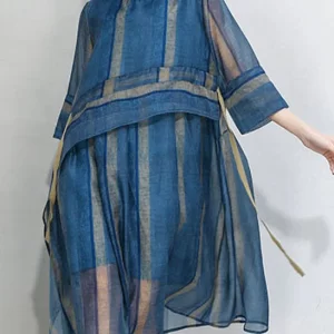 French Blue Cinched Stand Collar organza Dress Half Sleeve