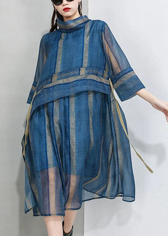 French Blue Cinched Stand Collar organza Dress Half Sleeve