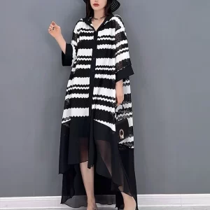 V-neck Hooded Irregular Striped Mesh Patchwork Short Front Long Back Three Quarter Sleeve Dress