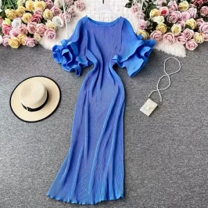 Elegant Round Neck Purple Ruffled Sleeve Maxi Dress