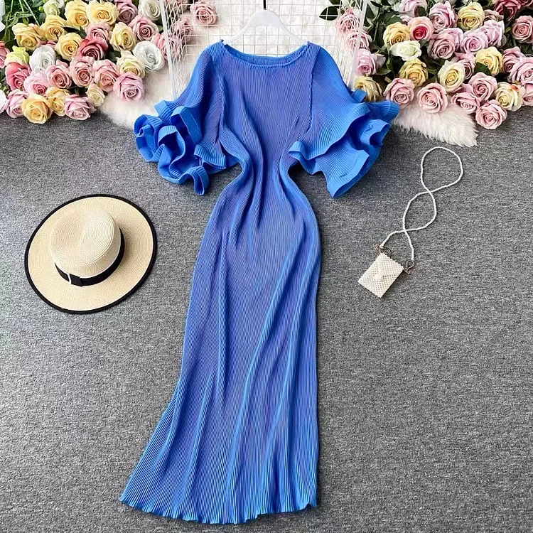 Elegant Round Neck Purple Ruffled Sleeve Maxi Dress