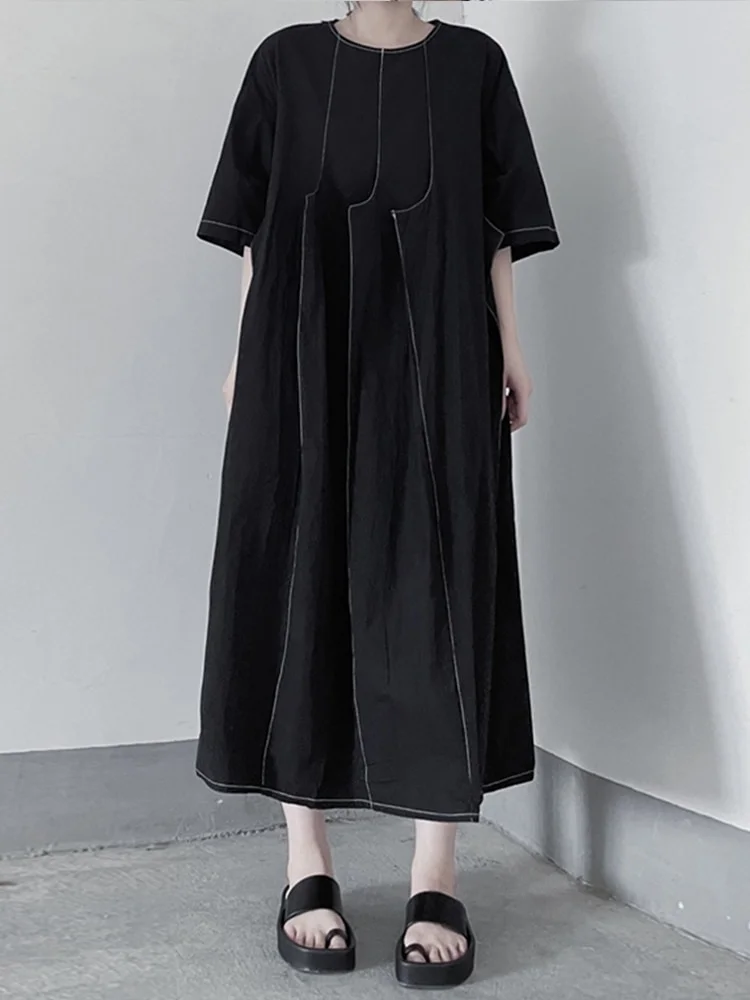 Casual Loose Solid Color O-neck Three-dimensional Patchwork Half Sleeve Mid-calf Dress - Image 5