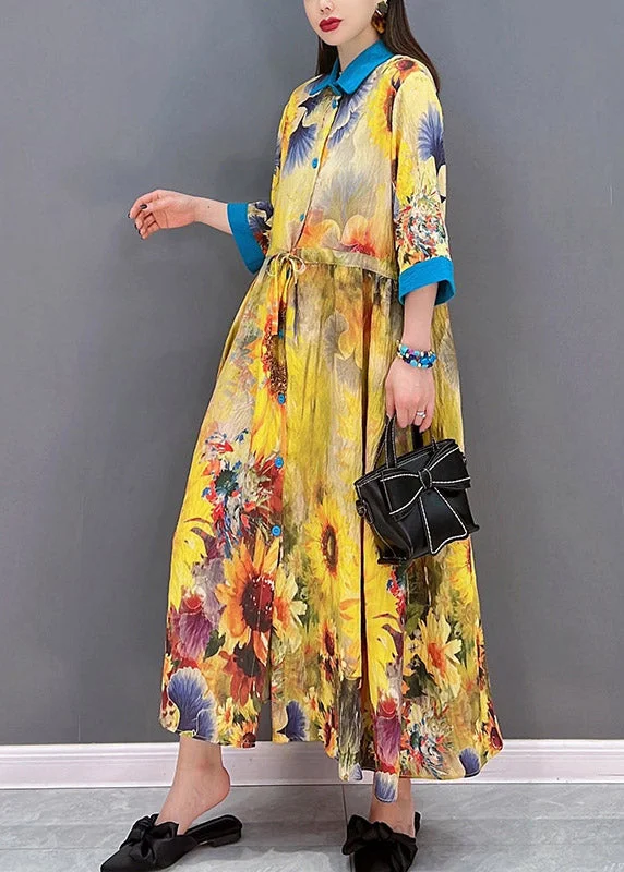 Bohemian Yellow Peter Pan Collar Print Button Tie Waist Dresses Half Sleeve - Image 4