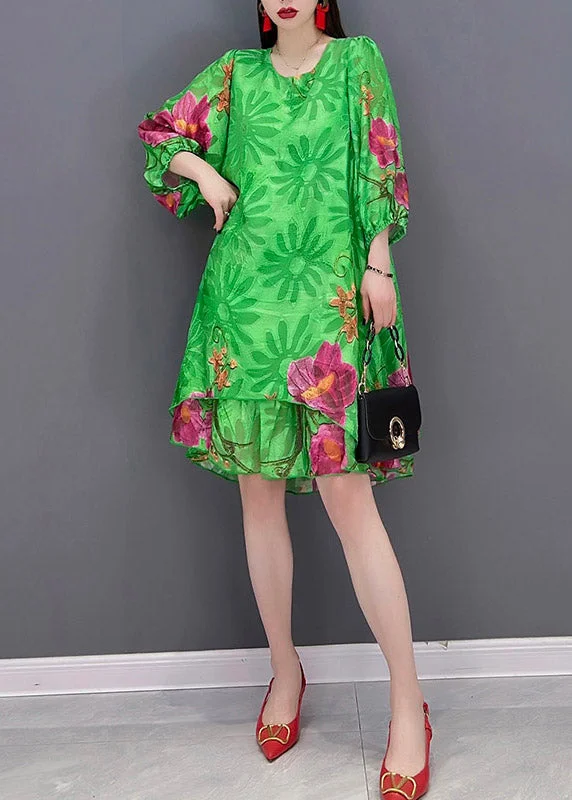 Fashion Green O Neck Print Chiffon tops and shorts two pieces Three Quarter sleeve - Image 4