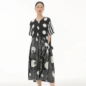 Elegant Loose V-neck Multi Dot Printed Striped Splicing Half Sleeve Dress