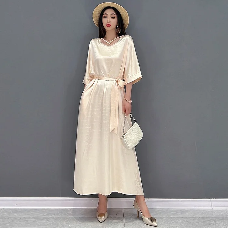 Temperament Loose Solid O-neck Lace-up Three-quarter Sleeve Dress - Image 4