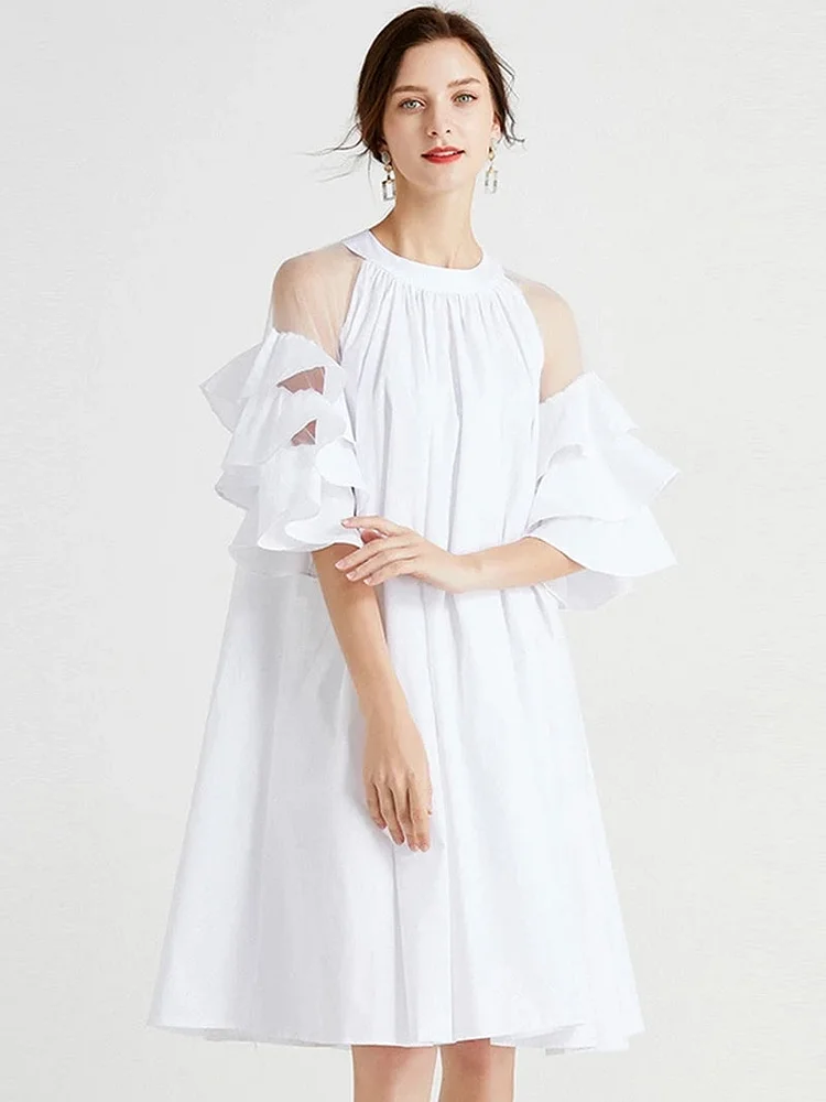 Elegant Pink Hanging Neck Folds Perspective Shoulder Ruffles Half Sleeve Dress - Image 7