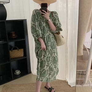 Vintage Round Neck Floral Balloon Sleeve Dress