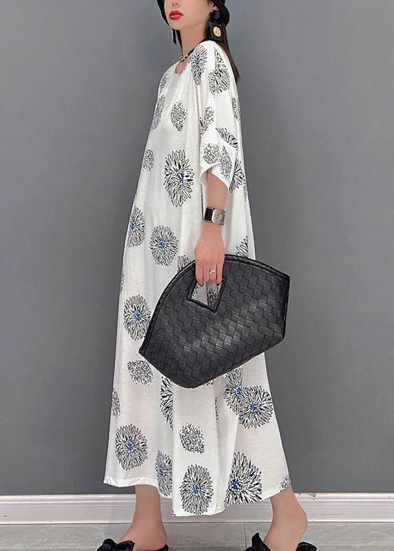 Plus Size White O-Neck Print Long Dress Half Sleeve - Image 5