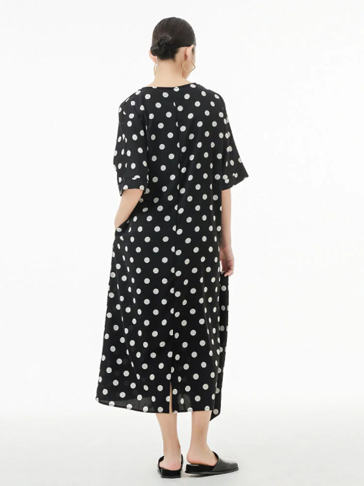 French V-neck Polka Dots Lace-up Back Split Hem Half Sleeve Dress - Image 4